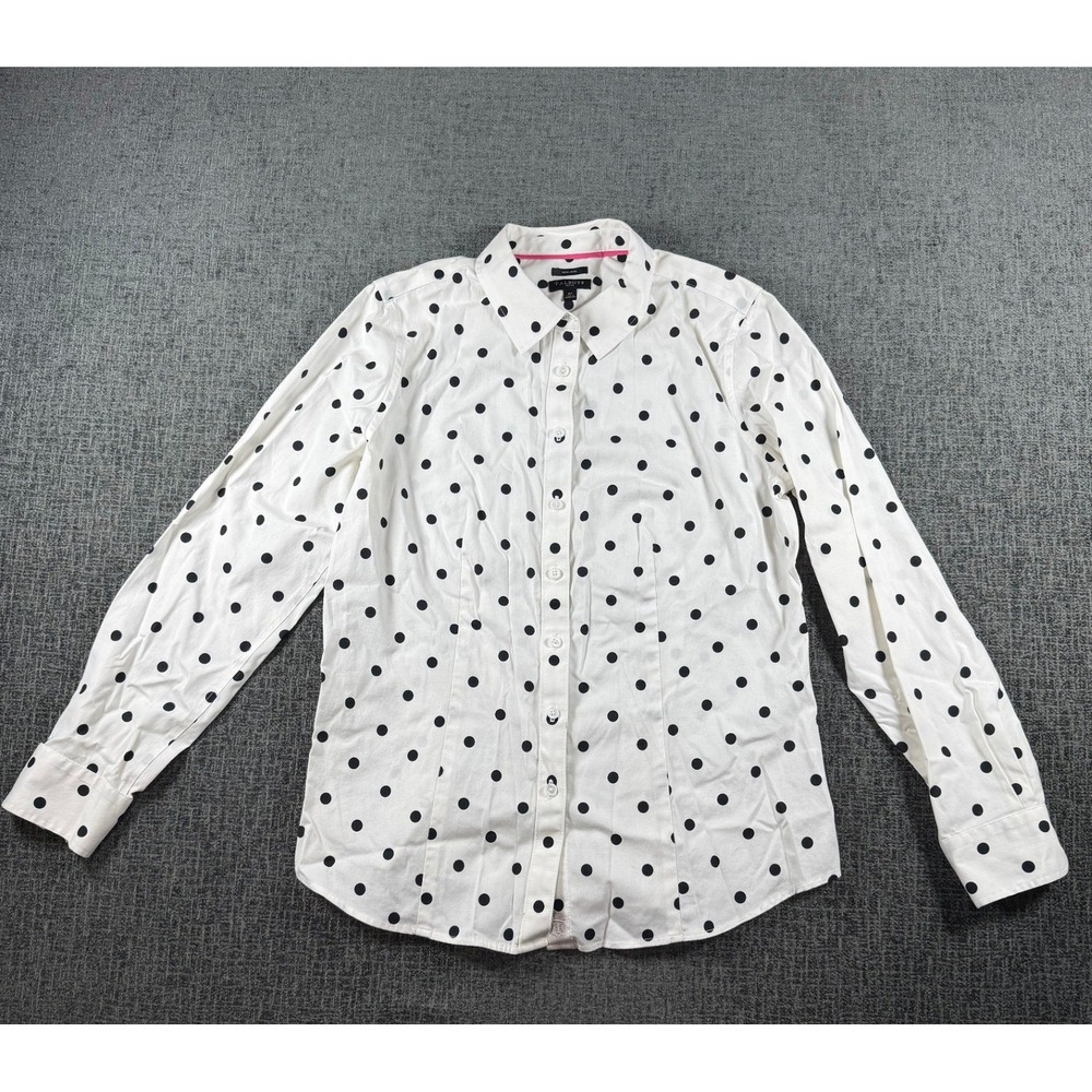 Talbots Petite Non-Iron Polka Dot Button Down Shirt White Black 6P Long Sleeve